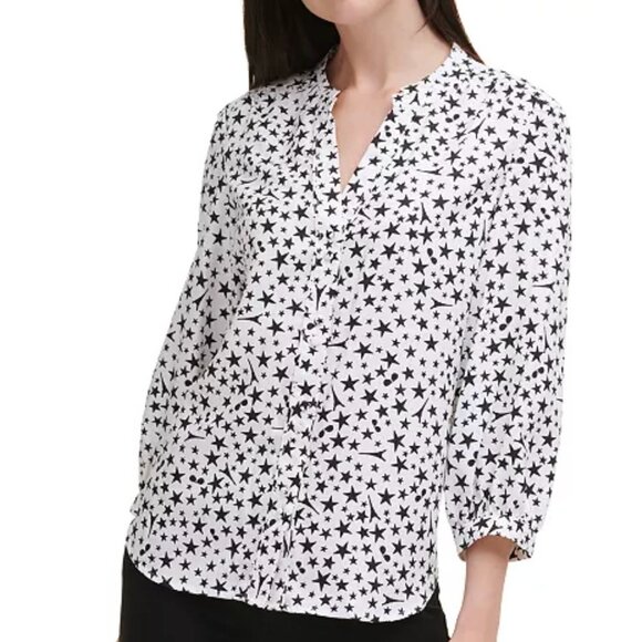 Karl Lagerfeld Paris Womens Star Print Button-Down Blouse 3/4 Sleeves - Picture 1 of 11